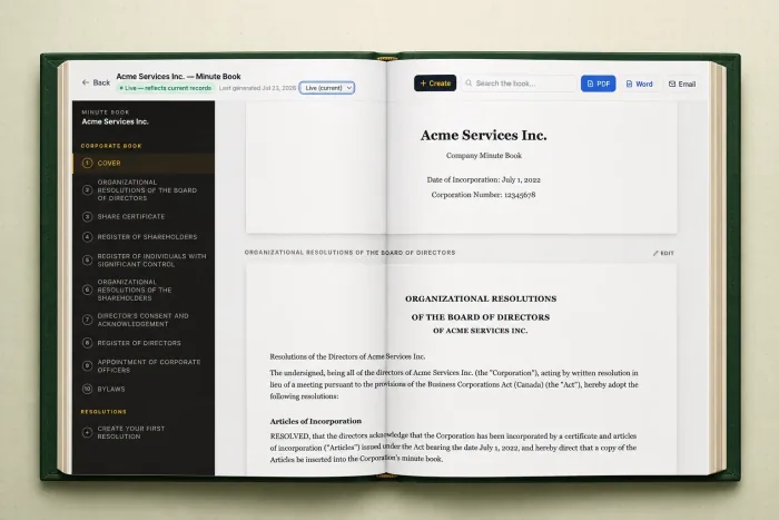 A MinuteKeep digital minute book open inside a green corporate binder — showing the cover and the organizational resolutions of the board of directors for a Canadian corporation