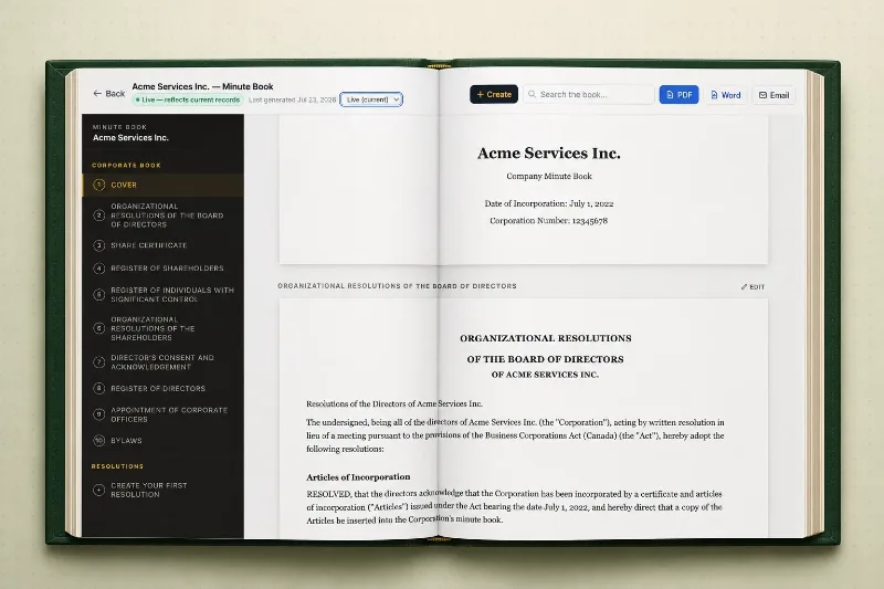 A MinuteKeep digital minute book open inside a green corporate binder — showing the cover and the organizational resolutions of the board of directors for a Canadian corporation