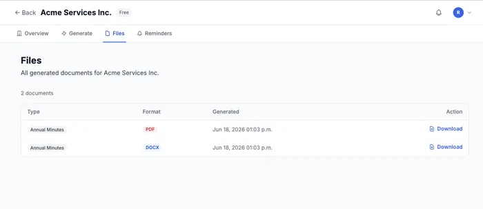 MinuteKeep files tab listing generated PDF and Word documents