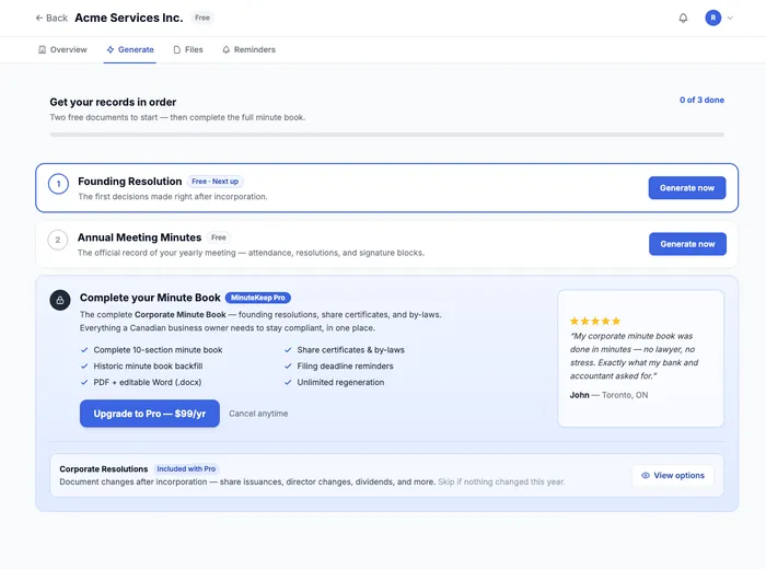 Generate tab before — records checklist at zero of three done
