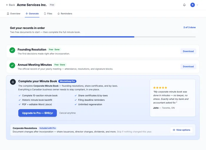 Generate tab after — records checklist progressing to done