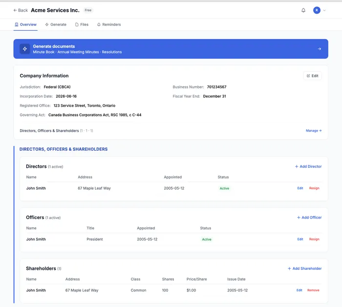 MinuteKeep company overview showing directors, officers and shareholders for a Canadian corporation
