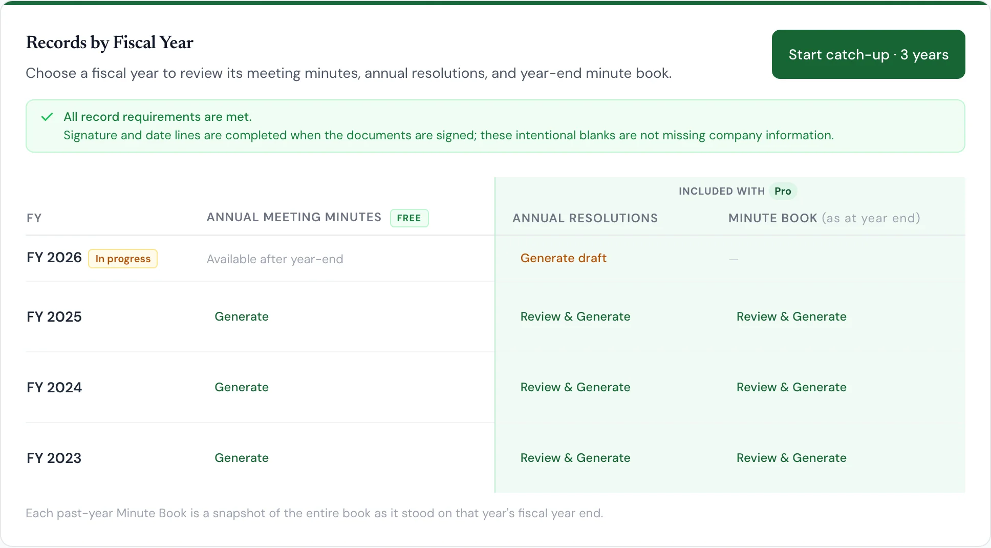 Records by Fiscal Year table with a Start catch-up · 3 years button, listing FY 2023 to FY 2026