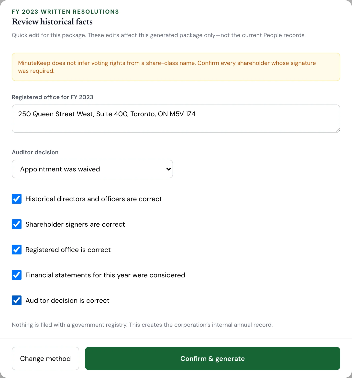 Bottom of the review screen with registered office, auditor decision, confirmation checkboxes and the Confirm and generate button