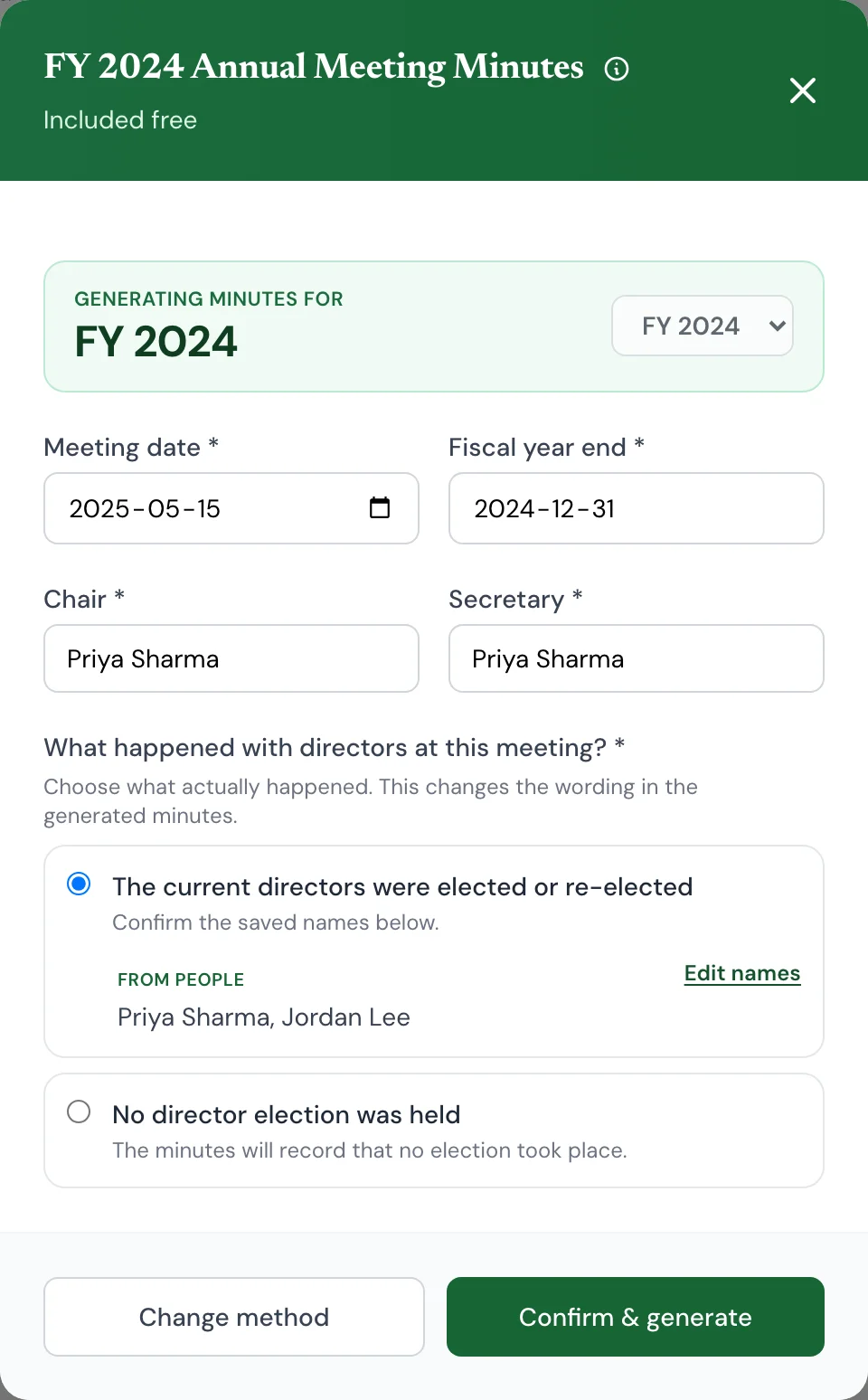 FY 2024 annual meeting minutes form with meeting date, chair, secretary and director election choice