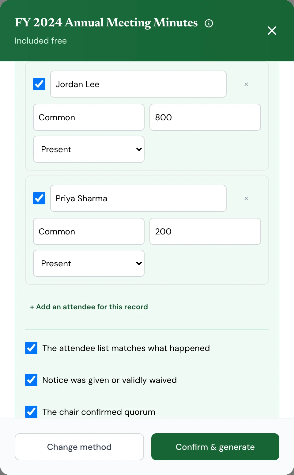 Historical meeting facts section listing shareholder attendees and meeting confirmations