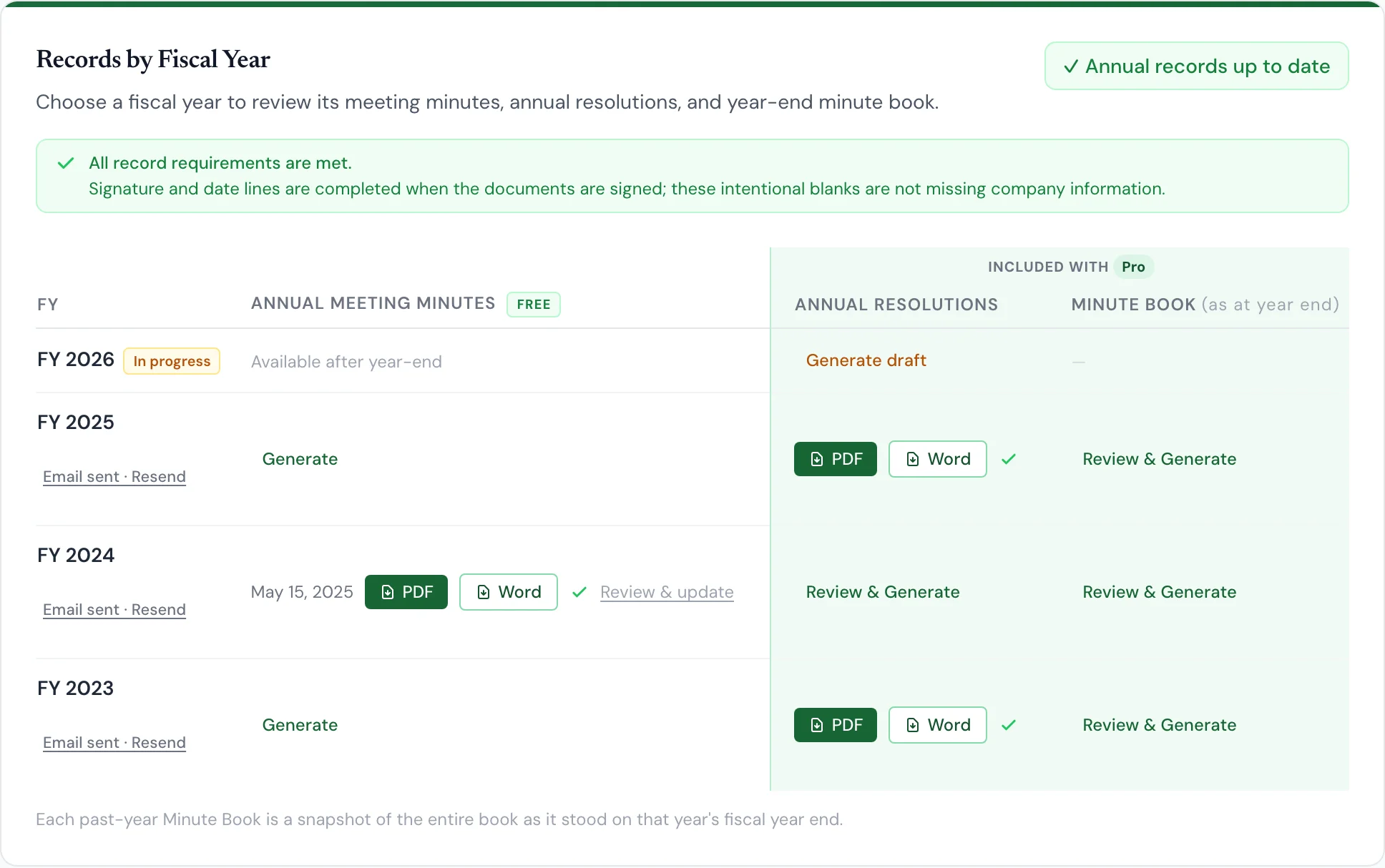 Records by Fiscal Year after catch-up, with PDF and Word downloads and Email sent for FY 2023, FY 2024 and FY 2025