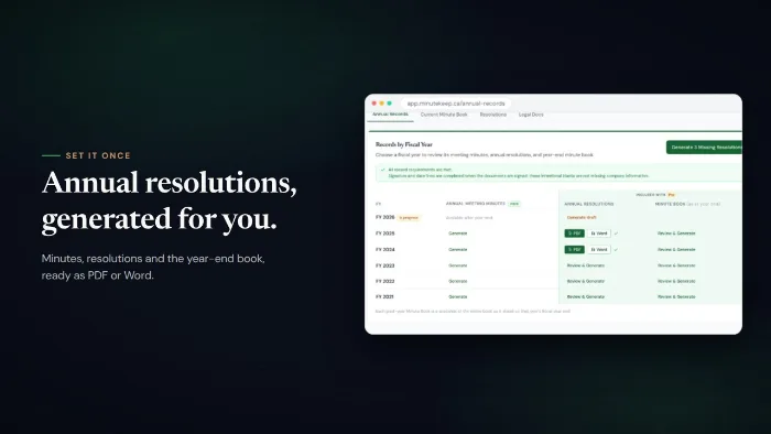 MinuteKeep's records-by-fiscal-year view with annual resolutions ready to download