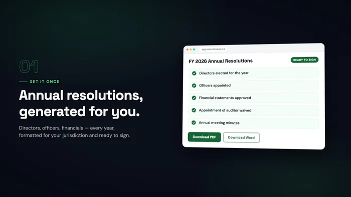 MinuteKeep generating a set of FY 2026 annual resolutions, ready to sign